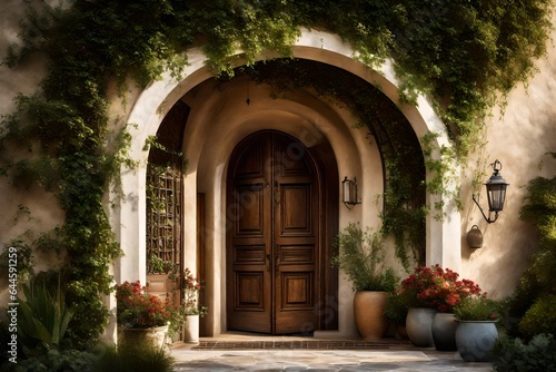 A graceful arched doorway of a traditional home  inviting guests into a world of timeless elegance 