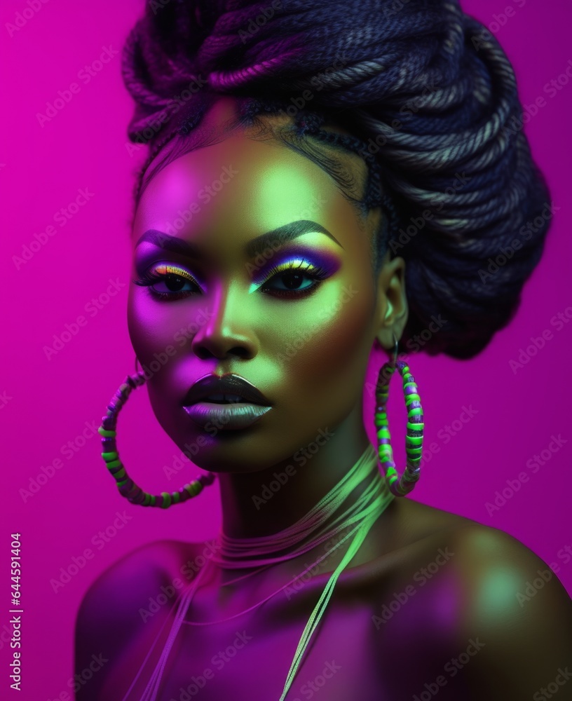 This portrait of a beautiful woman with bright neon makeup, bold earrings, and a smokey lip is a stunning statement of fashion and self-expression
