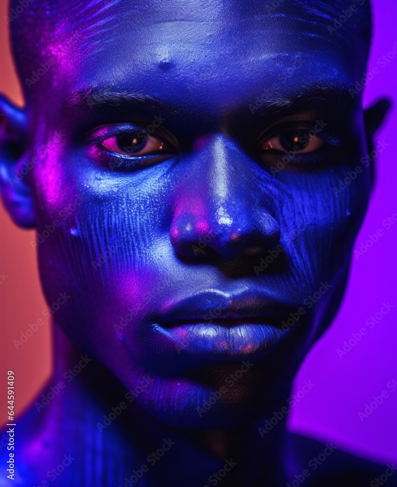 A bold, beautiful portrait of a person with a vivid violet face painted with neon colors, framed by a mysterious smoky eyebrow and lip, captures a unique moment of creative expression A bold, beautiful portrait of a person with a vivid violet face painted with neon colors, framed by a mysterious smoky eyebrow and lip, captures a unique moment of creative expression