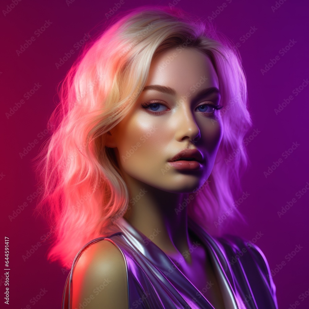 A beautiful woman with bold neon lipstick and a magenta hairstyle stands out against a violet backdrop, her eyelashes smoky and her clothing fashionably fashionable