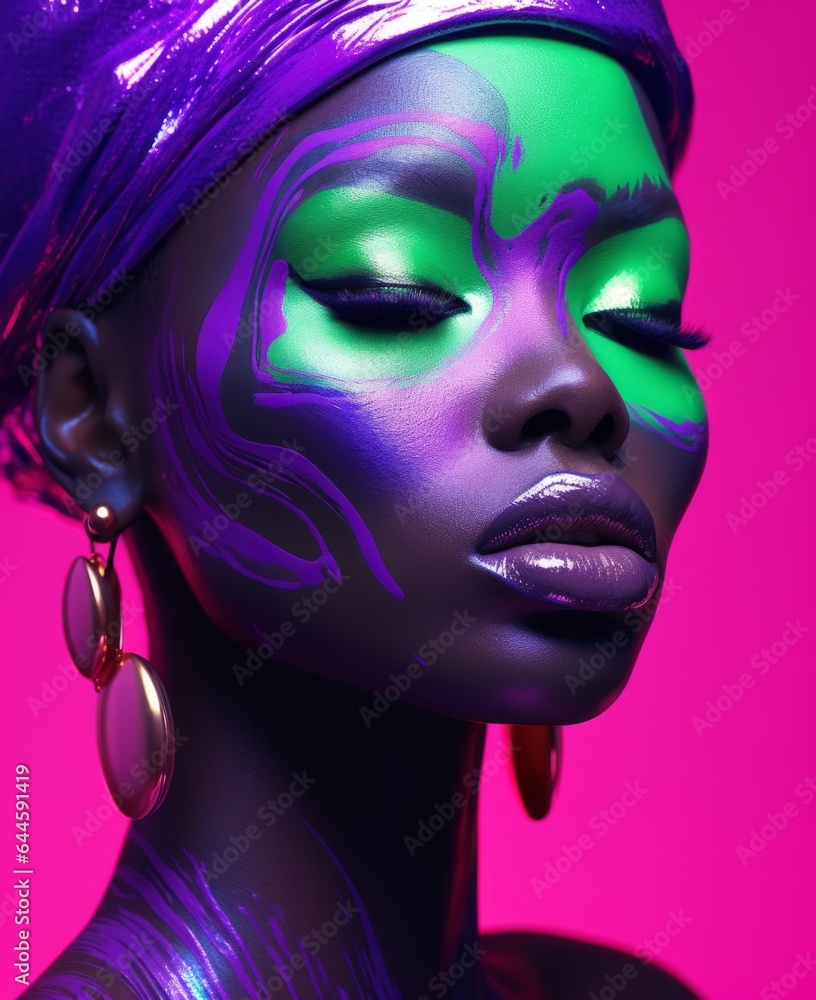 A vibrant portrait of a beautiful woman with bold neon colors of purple and green adorning her face, highlighted by magenta lipstick and a smoky violet hue, captures the essence of art and individual