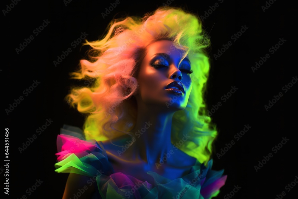 This vibrant portrait of a woman with neon-colored hair captures her bold beauty as she gracefully dances through a wispy smoke of artistry