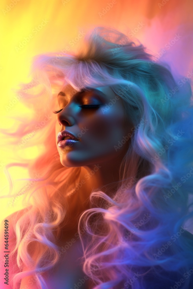 A beautiful, bold portrait of a woman with long, neon-colored curly hair surrounded by a cloud of colorful smoke captures her vibrant spirit