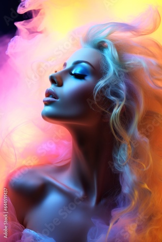 A beautiful portrait of a woman with long blonde hair, illuminated by a bold neon color and surrounded by an artistic swirl of smoke, captures the wild and alluring essence of her beauty