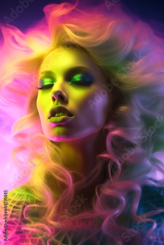This bold portrait of a beautiful woman with vibrant neon hair  smokey makeup  and a creative artistic style captures the captivating energy of embracing the unique neon colored smoke