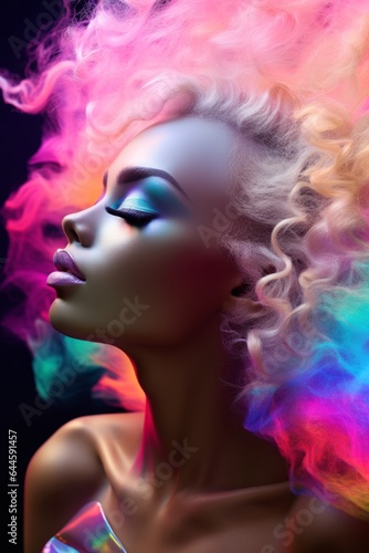 A beautiful woman with bold neon hair stands out in a fashionable portrait, her colorful clothing billowing in a smokey haze like a captivating doll