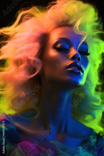 A beautiful portrait of a bold woman with vibrant neon hair smoking and captivating the viewer with her unique, colorful artistry