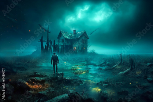 Mysterious abandoned house in deep sea, anxious dark fantasy illustration. Man stands in front of abandoned barn. The edge of the deep sea, or somewhere along the coast. Made with Generative AI photo