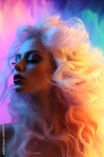 A bold and beautiful portrait of a woman with long blonde hair, vibrant neon colors, and stylish smokey clothing accented with a glittering hairpiece and ringlets, captivates the intense emotion