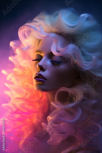 A beautiful portrait of a woman with long, curly neon hair that bursts with bold color, set against a dreamy smoky backdrop of artistic expression