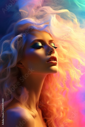 A bold, beautiful portrait of a woman with long, curly neon-colored hair, surrounded by smoke, captures her unique essence in a mesmerizing work of art