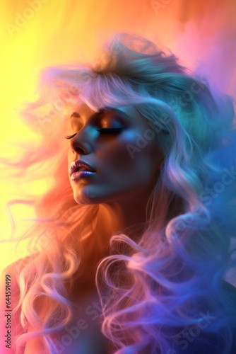 A beautiful, bold portrait of a woman with long, neon-colored curly hair surrounded by a cloud of colorful smoke captures her vibrant spirit