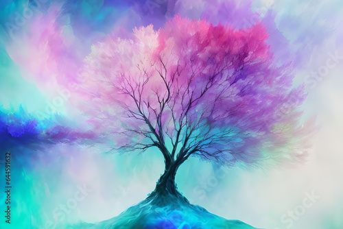 Bright and abstract illustration of mountains and trees in pink and blue colors, generative ai © LIUBOMYR