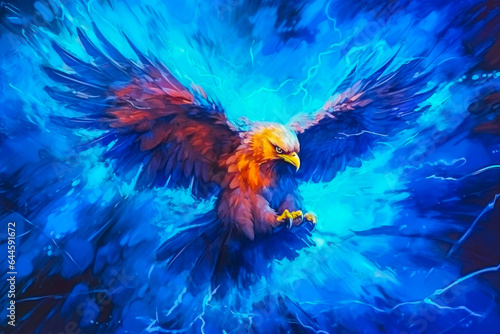 Eagle in the sky, lightning thunder concept illustration. Fierce, ambitious, hunting birds of prey, beautiful wild beasts. Oil paintings with dynamic and abstract expression. Made with Generative AI © Koshiro