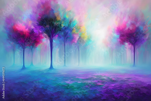 Bright and abstract illustration of mountains and trees in pink and blue colors, generative ai