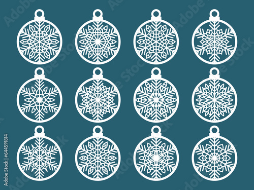 Set of laser cut Christmas balls with snowflake cutout of paper Sample Template for Christmas card, invitation for Christmas party For laser or plotter cutting printing serigraphy