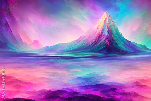 Bright and abstract illustration of mountains and trees in pink and blue colors, generative ai