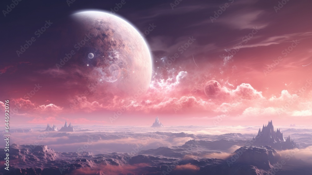 Illustration of an otherworldly landscape illuminated by a massive moon