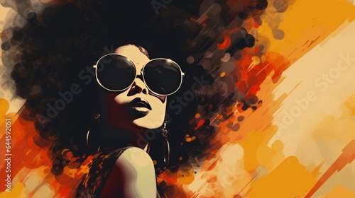 Illustration of a woman with large afro hair and wearing sunglasses in a modern art painting style © NK