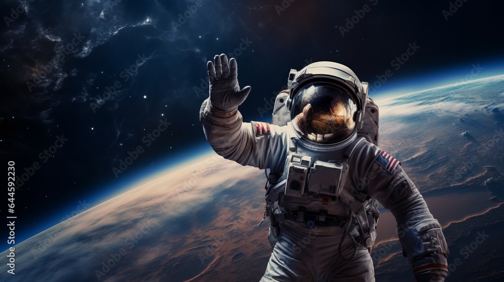 Illustration of a astronaut standing in front of the majestic Earth - obrazy, fototapety, plakaty 