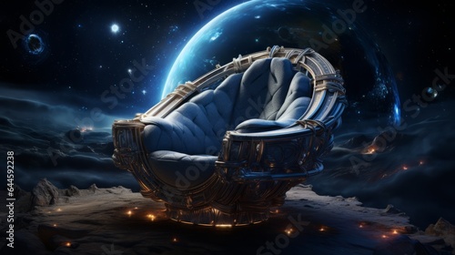 Illustration of a solitary chair surrounded by a mesmerizing galaxy of stars and planet