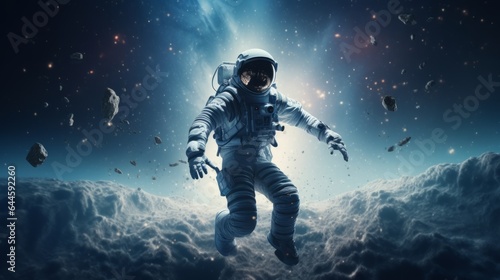 Illustration of an astronaut floating in space wearing a space suit © NK