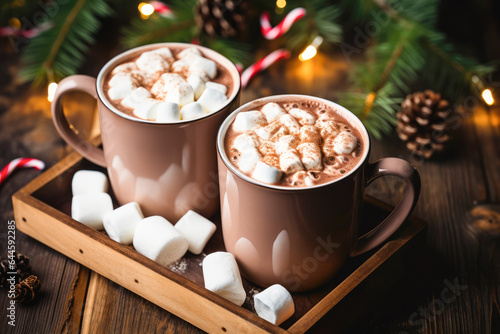 Hot chocolate with marshmallows, Christmas drink in a wooden tray.