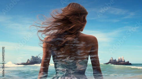 Illustration of a woman standing in water with wind-blown hair