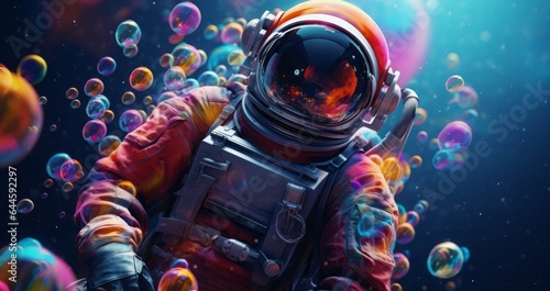 Illustration of an astronaut in a space suit surrounded by bubbles