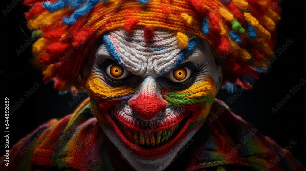 Illustration of a close-up of a knitted clown's face, capturing the vibrant colors and intricate details Illustration of a close-up of a knitted clown's face, capturing the vibrant colors and intricate details