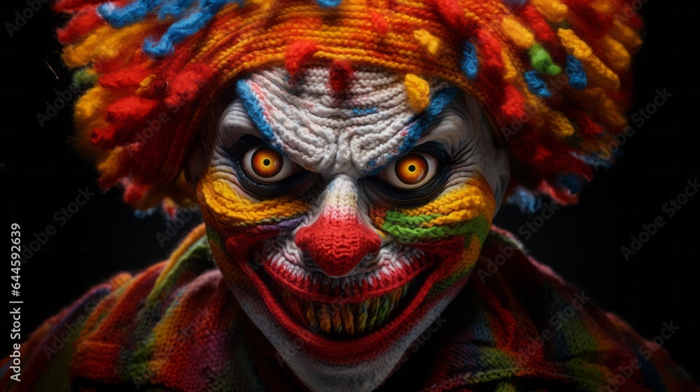 Illustration of a close-up of a knitted clown's face, capturing the vibrant colors and intricate details