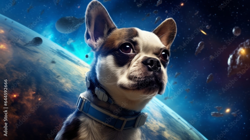 Illustration of a curious dog on abstract space background