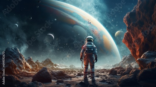 Illustration of an astronaut in a space standing on a rocky surface
