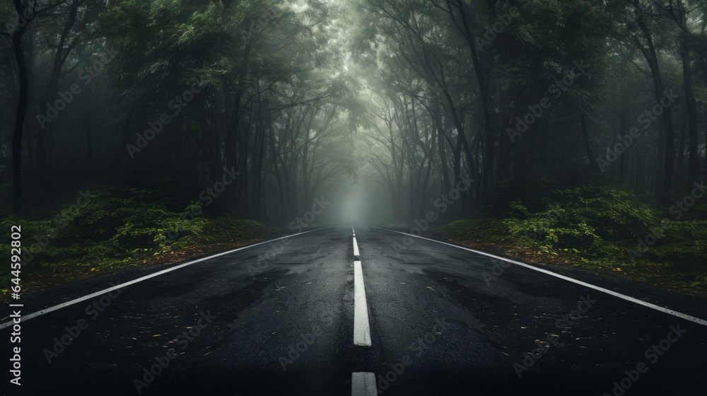 Fototapeta premium Illustration of a serene forest road surrounded by lush green trees