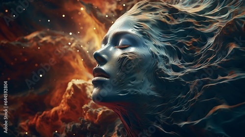 Illustration of a woman s face in the vortex of cosmic space