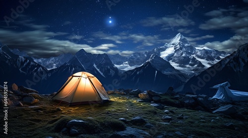 Illustration of a tent under a starry night sky in the mountains