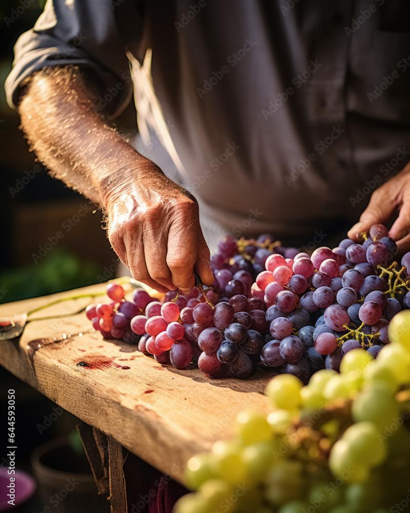 Man sorts grapes on the table for the vine. 