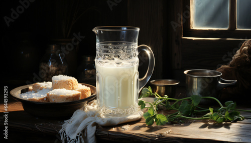 Still life big crystal jug with milk together a window. Illustration AI photo