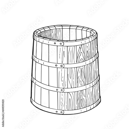 Wooden barrel. Hand drawn ink illustration. Black and white vector drawing.