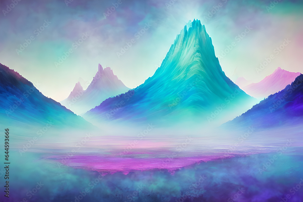Bright and abstract illustration of mountains and trees in pink and blue colors, generative ai