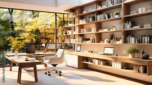 Spacious studies with white glossy desks and wooden shelves