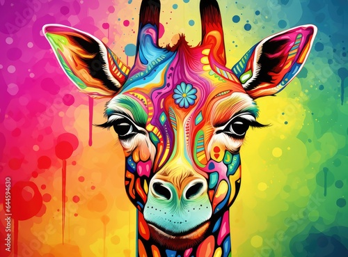 Painted animal with paint splash painting technique on colorful background giraffe