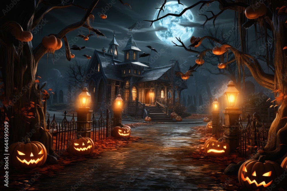 Halloween decorated house with pumpkins, 3d rendering.