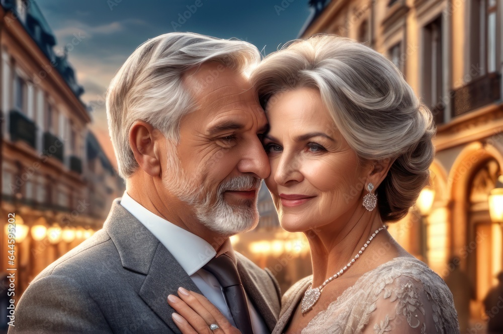 60yo mature married couple together against the backdrop of European city. Retired tourism, welfare 60yo mature married couple together against the backdrop of European city. Retired tourism, welfare