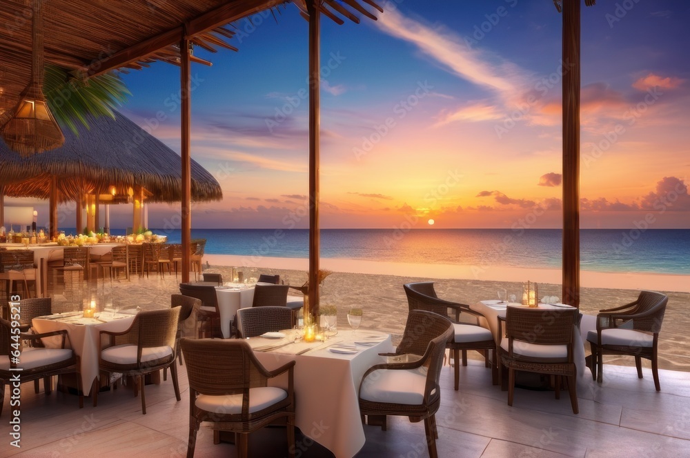 Outdoor restaurant at the beach. Table setting at tropical beach restaurant. beautiful sunset sky, sea view. Luxury hotel or resort restaurant