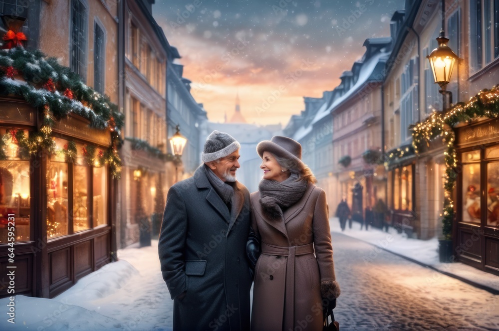 Adorable affectionate bonding two married people old woman man enjoy x-mas christmas jolly holly eve evening atmosphere walk under lights outdoors wear season coat headwear scarf
