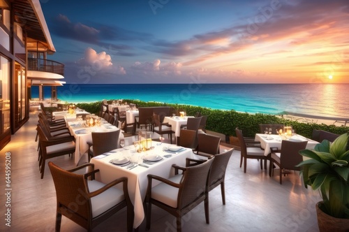 Outdoor restaurant at the beach. Table setting at tropical beach restaurant. beautiful sunset sky  sea view. Luxury hotel or resort restaurant