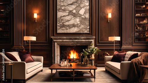 Wooden wall panels complemented by shiny marble fireplace surrounds