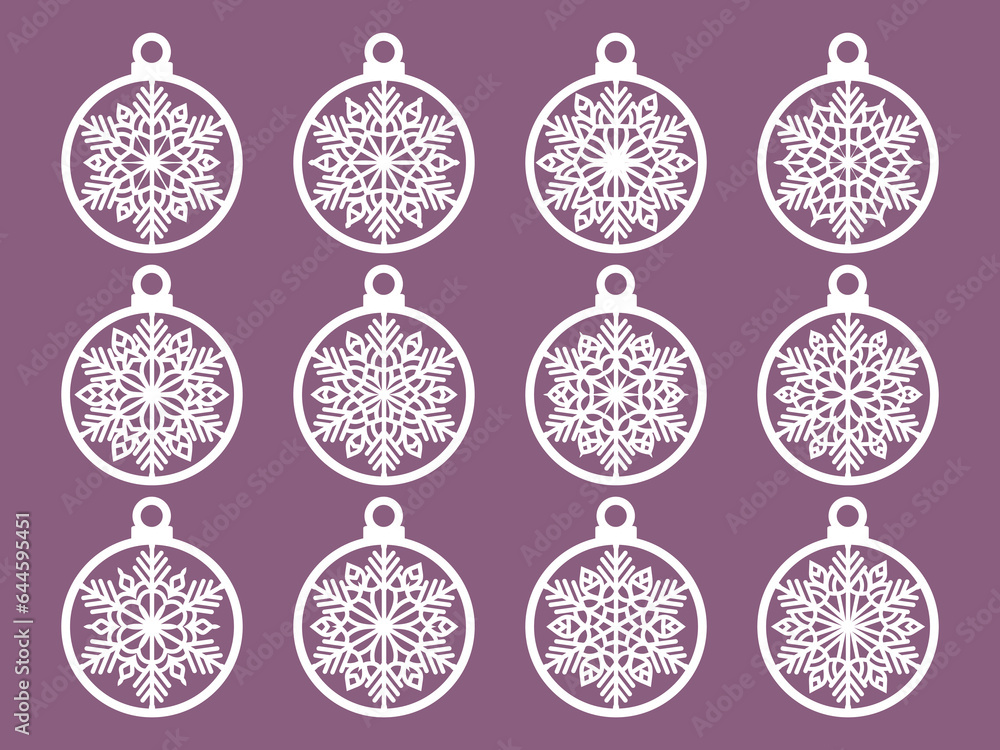 Set of laser cut Christmas balls with snowflake cutout of paper Sample Template for Christmas card, invitation for Christmas party For laser or plotter cutting printing serigraphy Set of laser cut Christmas balls with snowflake cutout of paper Sample Template for Christmas card, invitation for Christmas party For laser or plotter cutting printing serigraphy