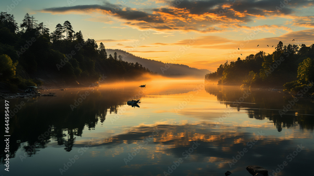 lake with sunset on background of the forest, lake with sunset on background of the forest,